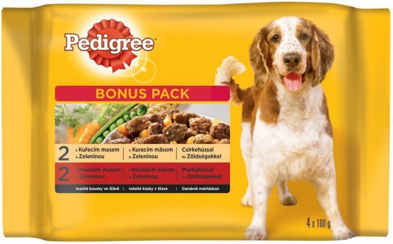 Pedigree kapsička Adult kuracie+zelenina/hovädzie+zelená 2+2x100g