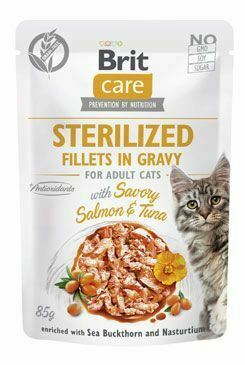 Brit Care Cat Fillets in Gravy Sterilné. Losos a tuniak 85g